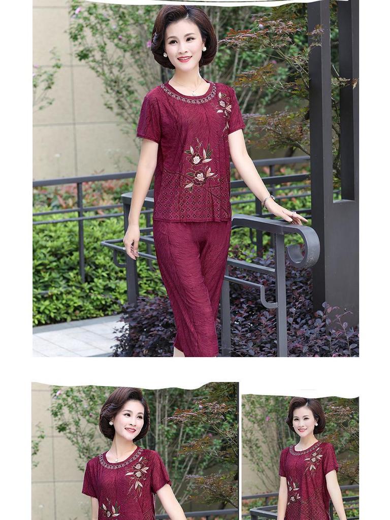 2024 Summer Plus-Size Imitation Ice Silk Two-Piece Suit for Middle-Aged & Elderly Women
