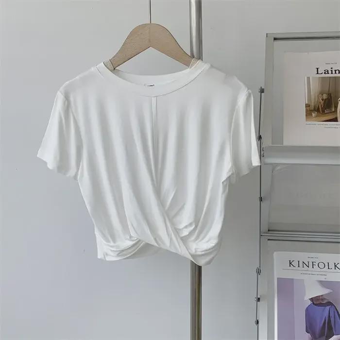 

Женский укороченный топ из модала с короткими рукавами и завязкой - облегающий крой, однотонный, летний стиль XL (57.5-65 kg) белый