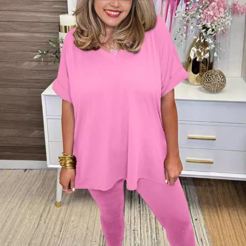 

2025 Loose and Simple Casual Short Sleeved Two-piece Set Pink XXL