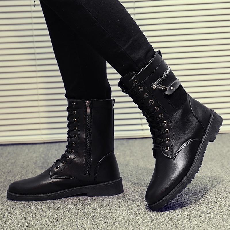Men's High-top Boots Fashion Motorcycle Boots Metal Side Zip Leather Boot Plush Warm Winter Boots for Men Casual Business Botas