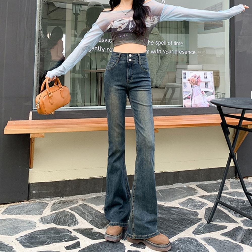 Trend street micro-pull jeans women's spring and autumn new high-waisted slim-fitting, thin and high-flared jeans