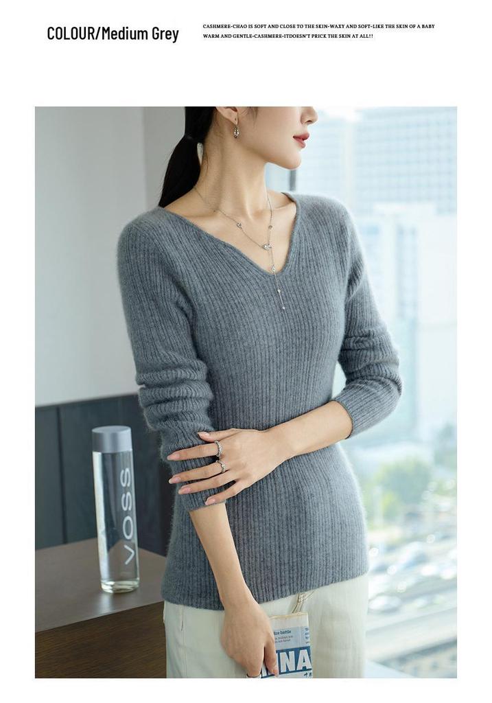 2026 Women's V-neck Cashmere Sweater: Autumn/Winter Long Sleeve Knitwear, Slimming Solid Color Base Layer.