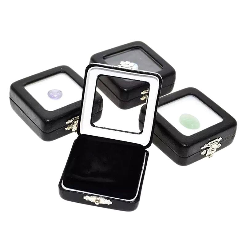 Black Pu Leatherette Bare Stone Box With Buckle Gem Rhinestone Jewelry Storage Naked Container Transparent Window Display