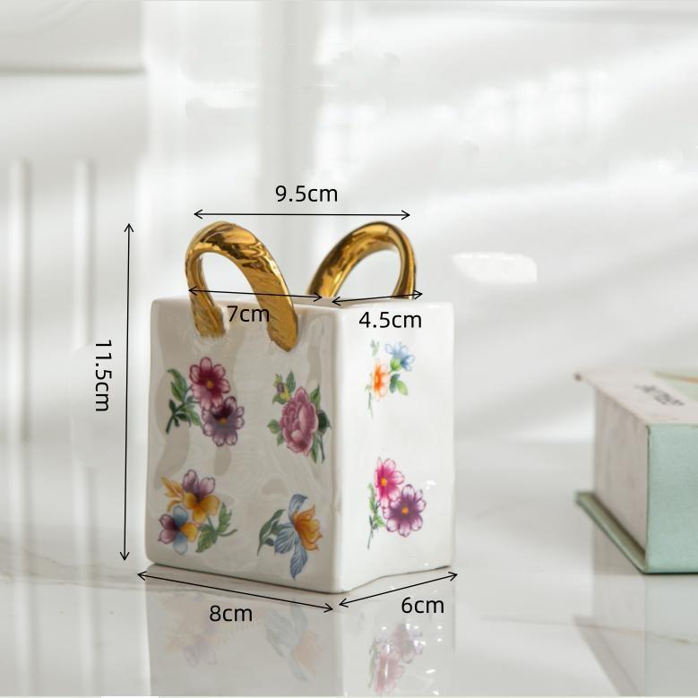

CeramicTote Bag Desktop Storage Container Pen Holder Makeup Brush Diningware Storage Box Retro Floral Handbag Home Decoration