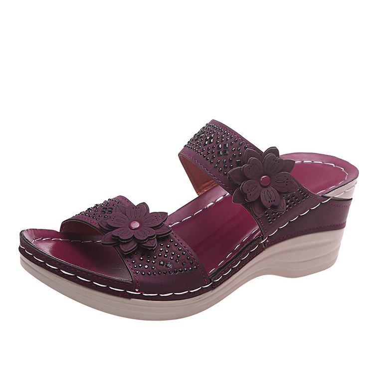 Casual flower large size new high-heeled one-character women's wedge slippers