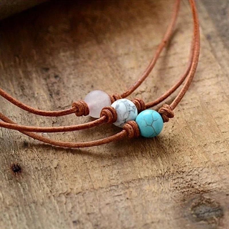 Bohemian Natural Stone Turquoise Necklace, Braided  For Men Women Jewelry