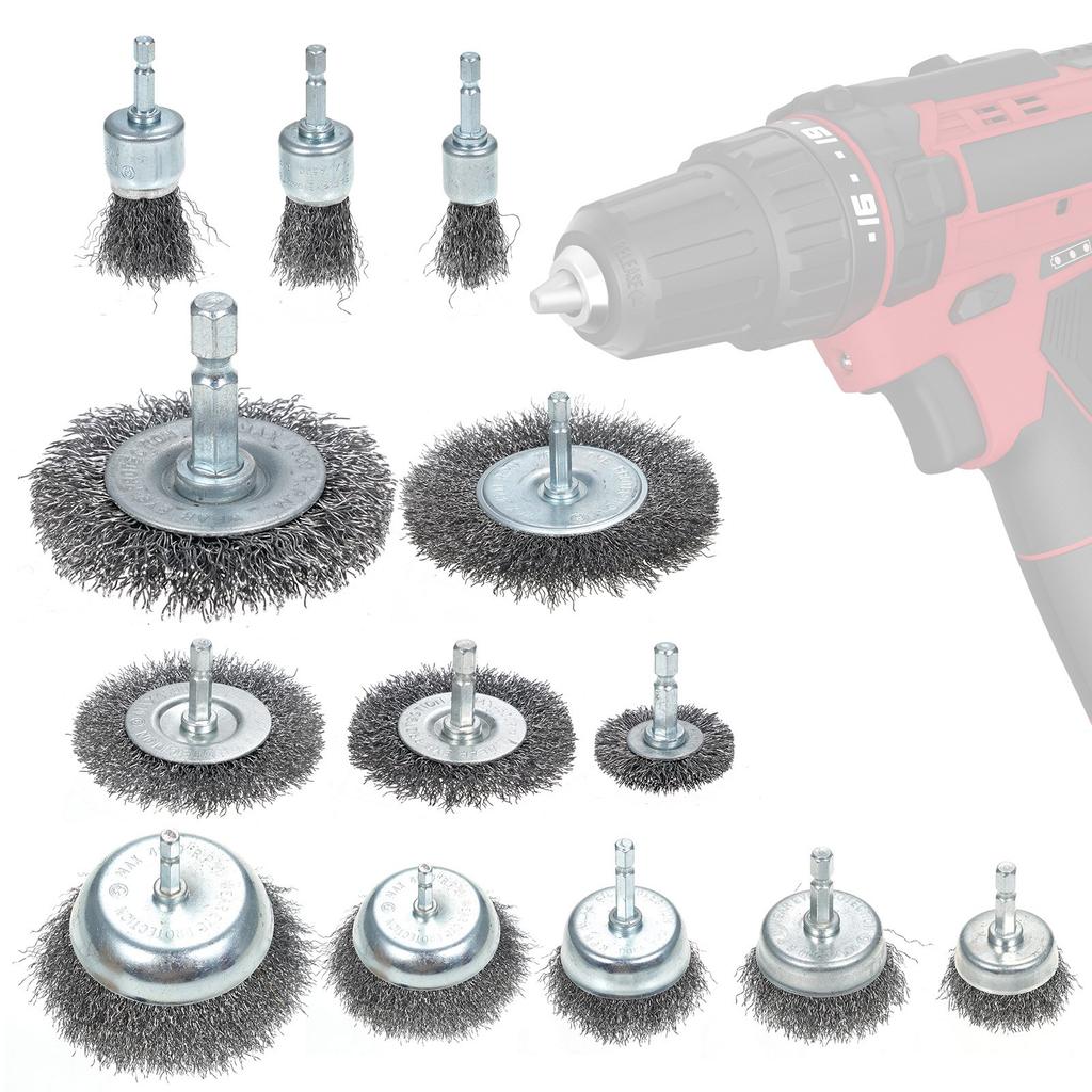 13 Pcs Wire Brush Set for Rusts Removal 0.012in Coarse Carbon Steel Crimping Wire Brush Kit with 1 4 Inch Hex Shank for