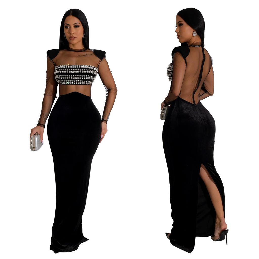 Women's Mesh Hot Drilling Long Sleeve Long Skirt Dress