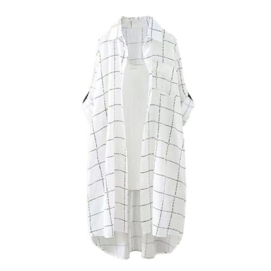 

Женская рубашка средней длины с отложным воротником, однобортная, неровный подол, свободная клетчатая рубашка с нагрудным карманом, запонка с длинным рукавом, мягкая дышащая женская блузка 3XL белый