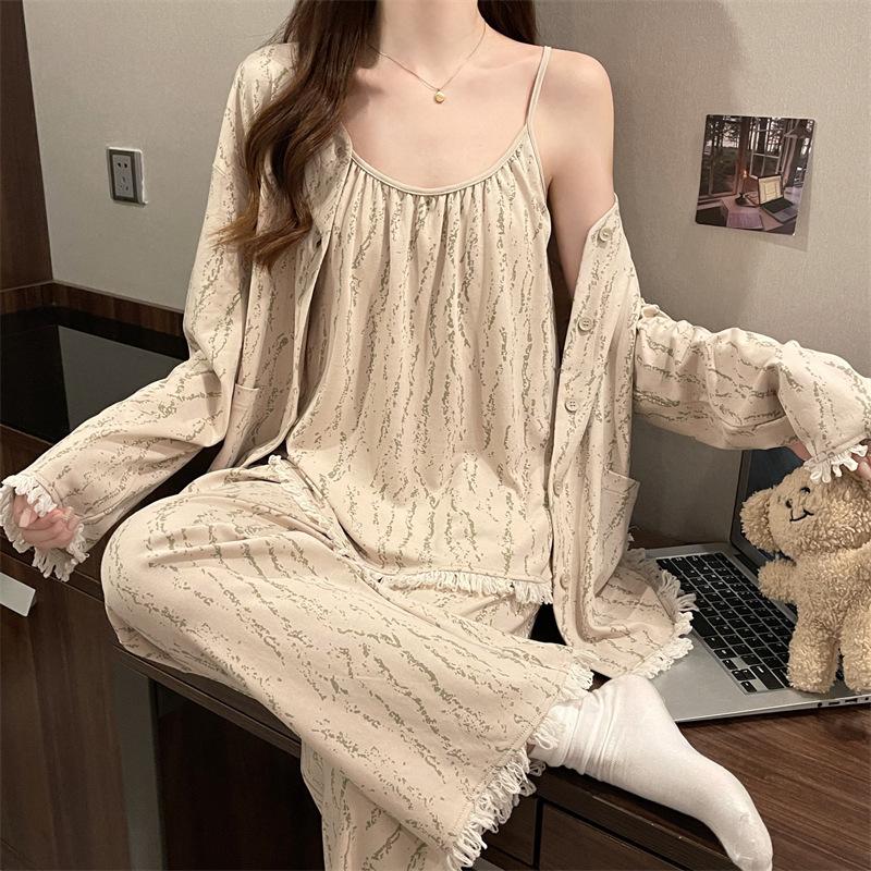 

Premium striped three-piece pajamas women s spring and autumn long sleeves with chest pads loose Internet celebrities sweet fringed loungewear M