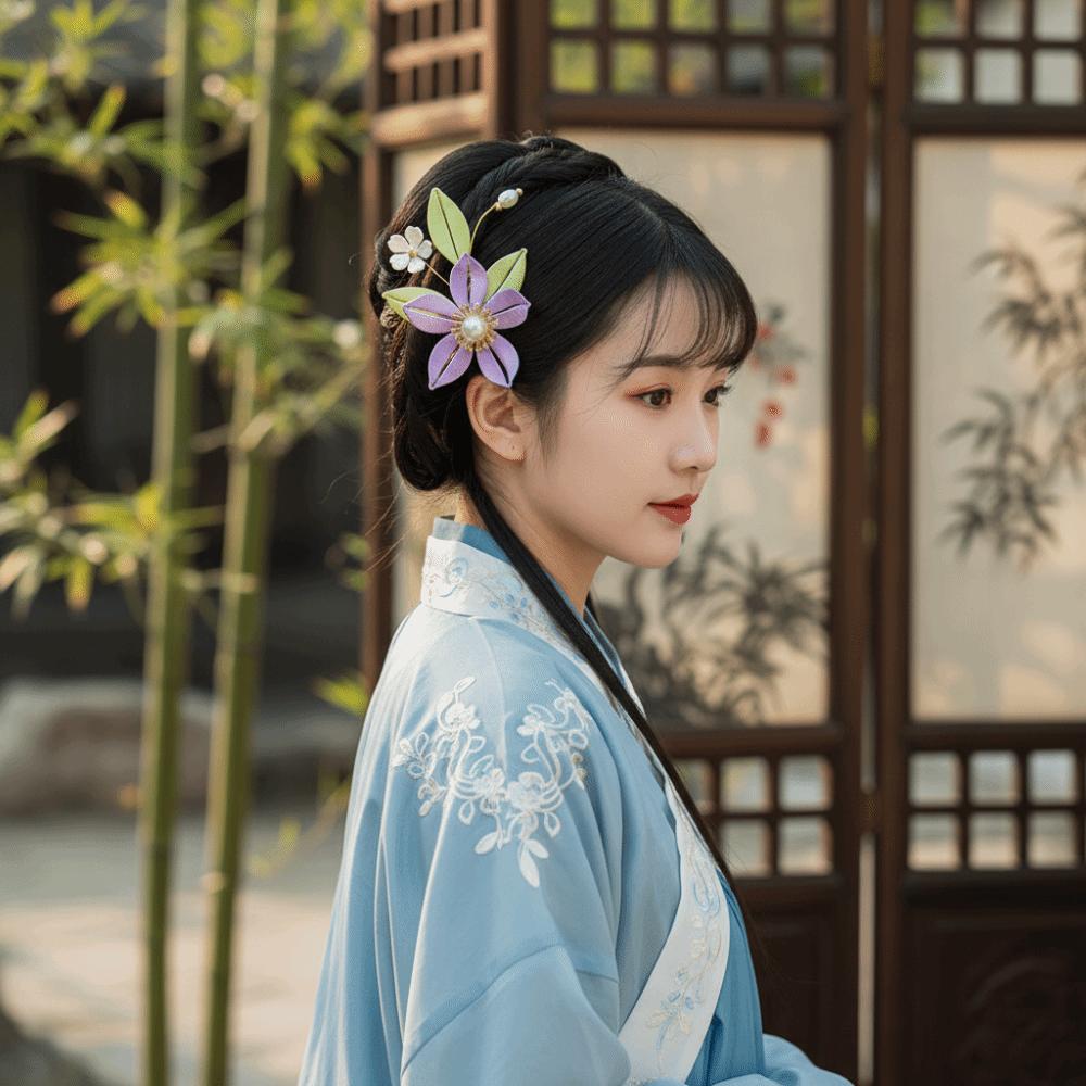 U Shape Chinese Style U-shaped Hair Stick Pearl Hanfu Headwear Velvet Flower Hair Clip  For Girl