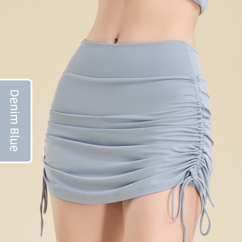 

No. 112 New Yoga Clothes Women Summer Thin Sleeveless Peach Hip High Waist Sports Gym Training Running Short dress Denim Blue S