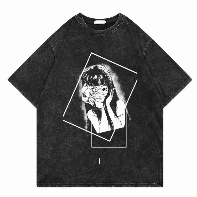 Tomie Junji Ito Distressed Short Sleeve T-Shirt - Men's Trendy Japanese High Street Hip-Hop Style