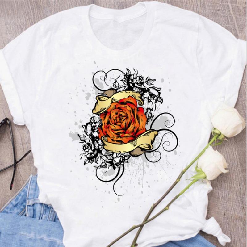 Women's T-shirt Flower Love T-shirt Women's Fashion Clothing Cartoon Clothing Short Sleeve Women's T-shirt Valentine's Day T-shirt