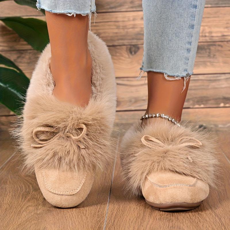 Women's Plush Slip-On Slippers with Bow - Winter Indoor/Outdoor House Shoes, Soft Cushioned TPR Sole & Plush, White/ Beige/ Brown/Dark Grey/Dark Blue
