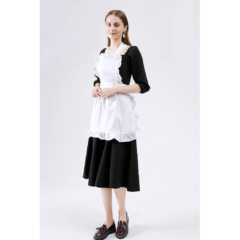 Women's Ruffle Outline Retro Apron Kitchen Cake Baking Cooking Cleaning Maid Costume (White)