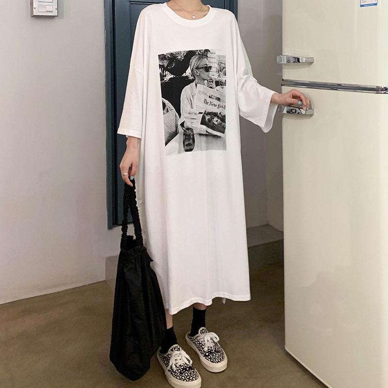 Damen Kurzarm T-Shirt Kleid Sommer Knielang Über Knie Kleid Zeig Schlank Kleid