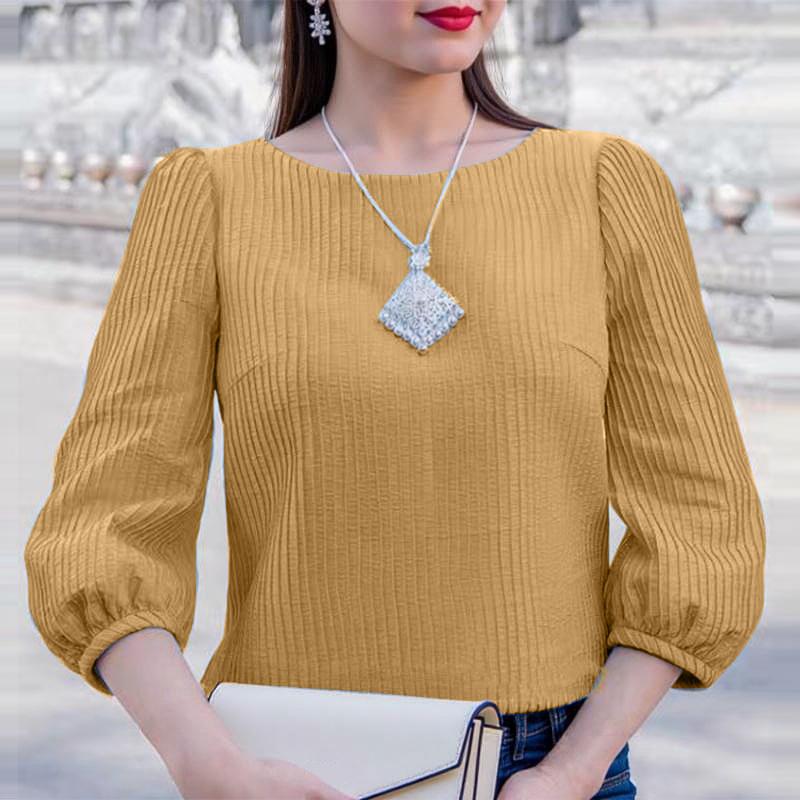 

ZANZEA Женская повседневная блузка с круглым вырезом и рукавами 3/4, свободная, плиссированная 2XL хаки