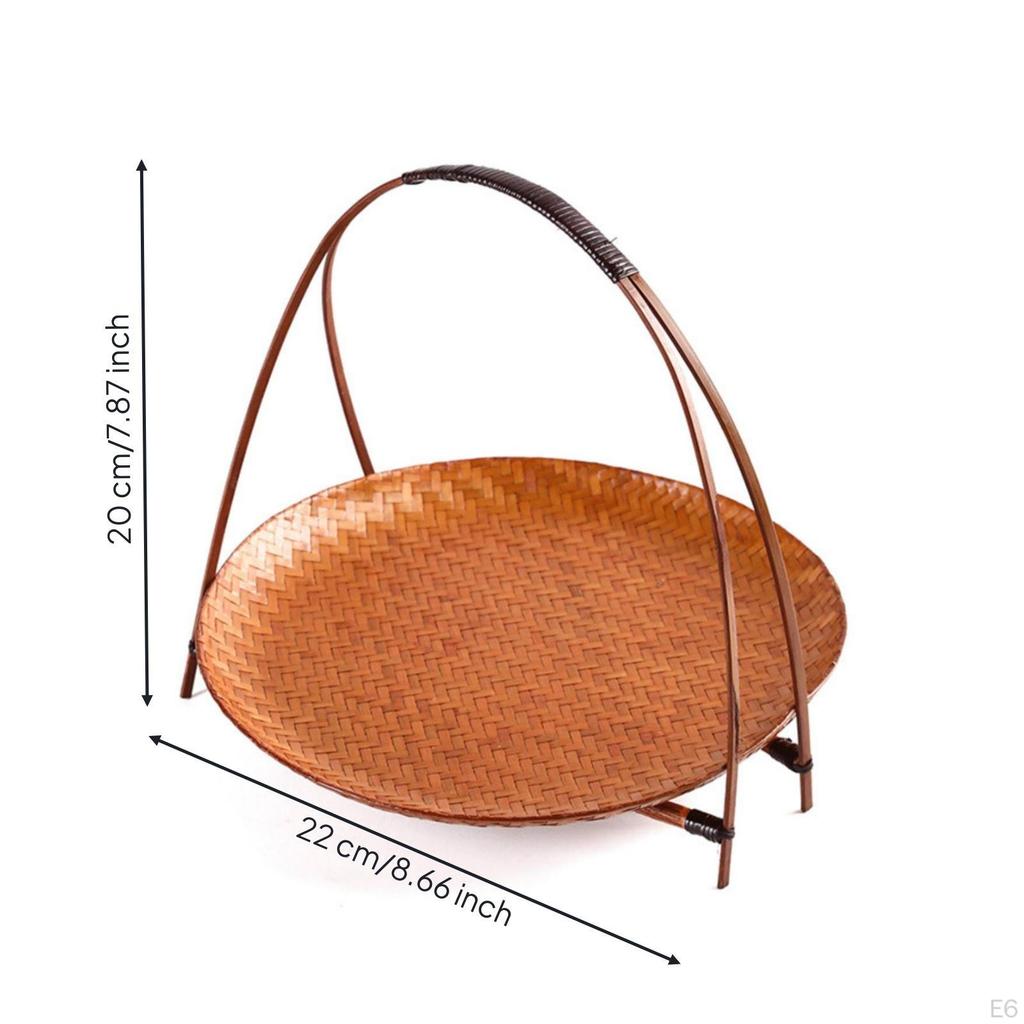 Woven Basket Tray with Stand Freestanding Bamboo Handle Decorative for