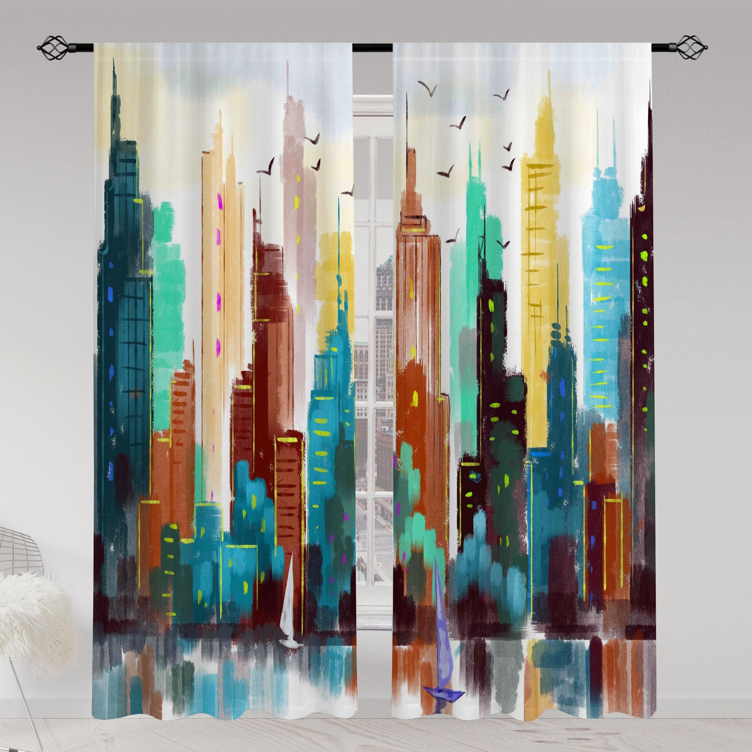 

New City Skyline Pattern Decor Drape Rods Pocket Curtain For All Seasons For Bedroom Use Cooking Space Office Study Room Room LivingRoom 2x50W100H(CM)&rod pocket