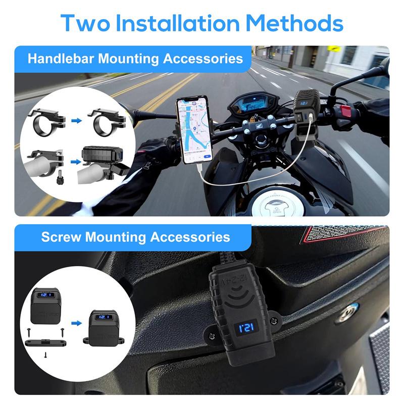 Motorcycle USB Charger Total 48W Dual USB Type C PD & Quick Charge 3.0 Motorcycle Phone Charger With Voltmeter & ON/Off Switch