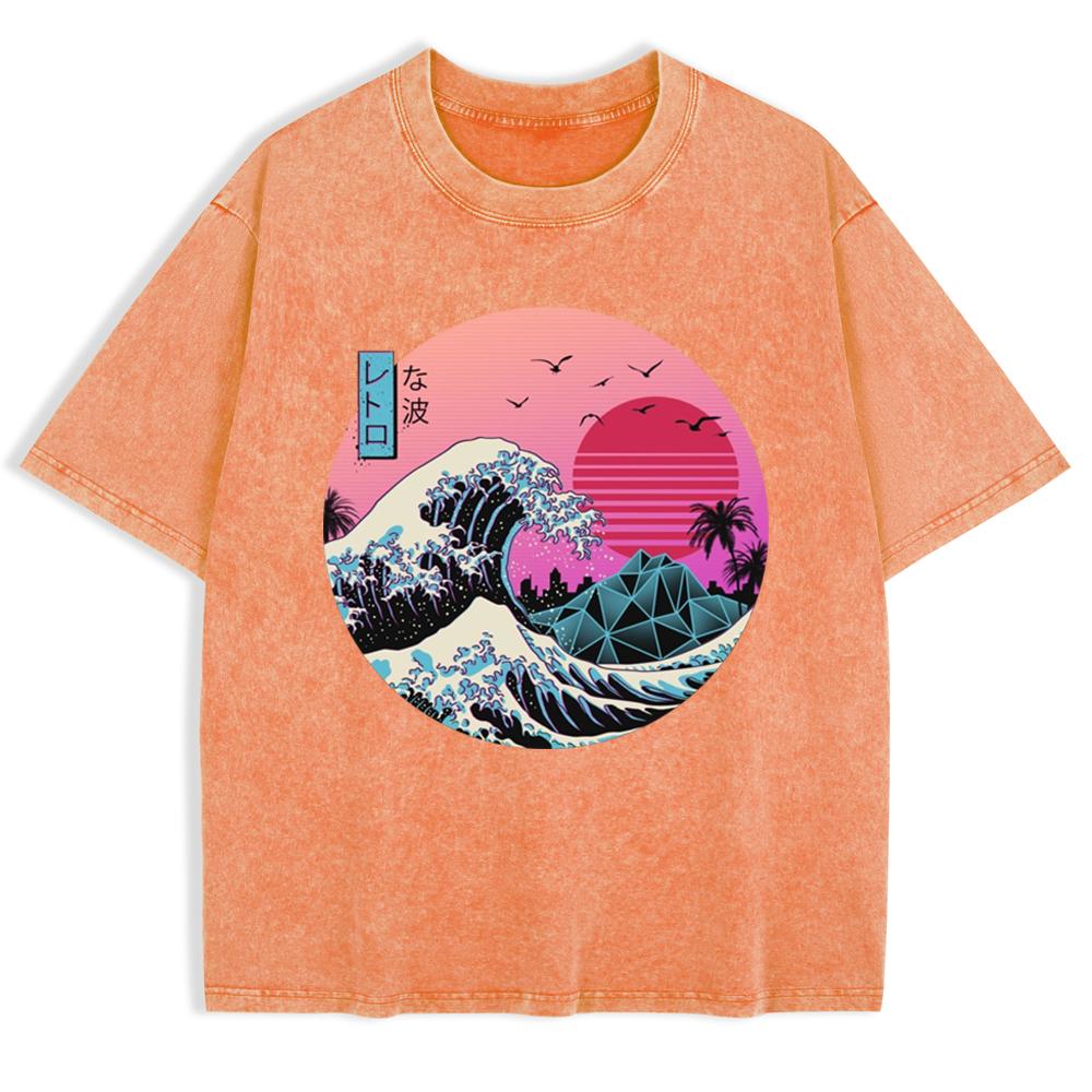 Japan Waves Printed Washed T-Shirts Mens Cotton Oversized T Shirt Summer O-Neck Short Sleeve Tops Basic Soft Clothes
