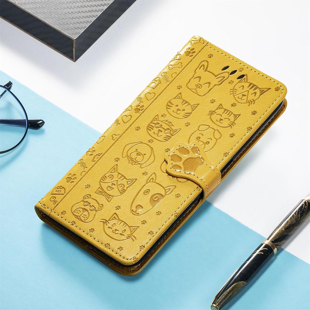 iPhone 16 Flip Leather Case - PU Embossed Cat Dog Design - Compatible with Apple 15