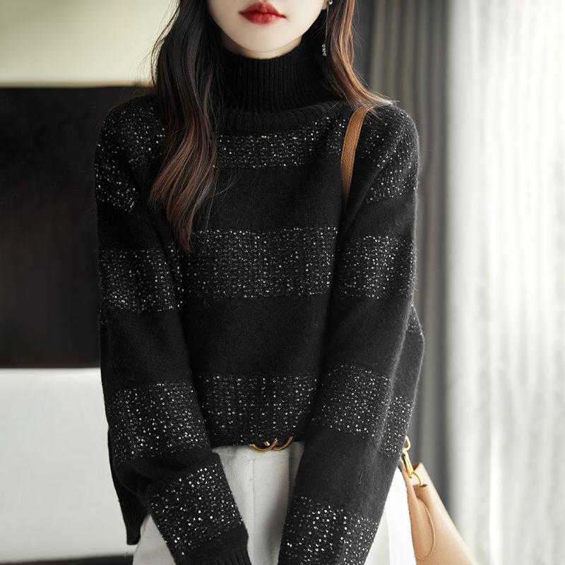 Sweater for Women Autumn Winter Thickened Pullover Warm Knitted Striped Layer Stretchy Long Sleeve Jumper Tops