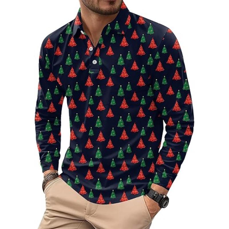 Weihnachten Herren Langarm Poloshirt 2025 Modisches Freizeitpolo Slim Fit Hemd mit Kragen Büroarbeit Golfshirt Freizeit