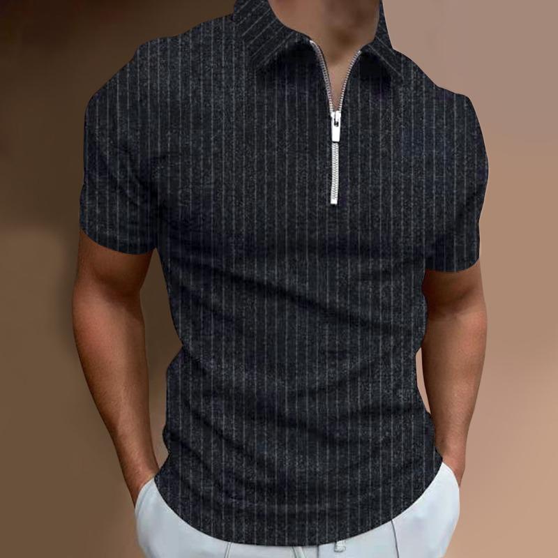 Summer Casual Slim Fit Short Sleeved Striped Zipper Lapel T-shirt Top Polo Shirt