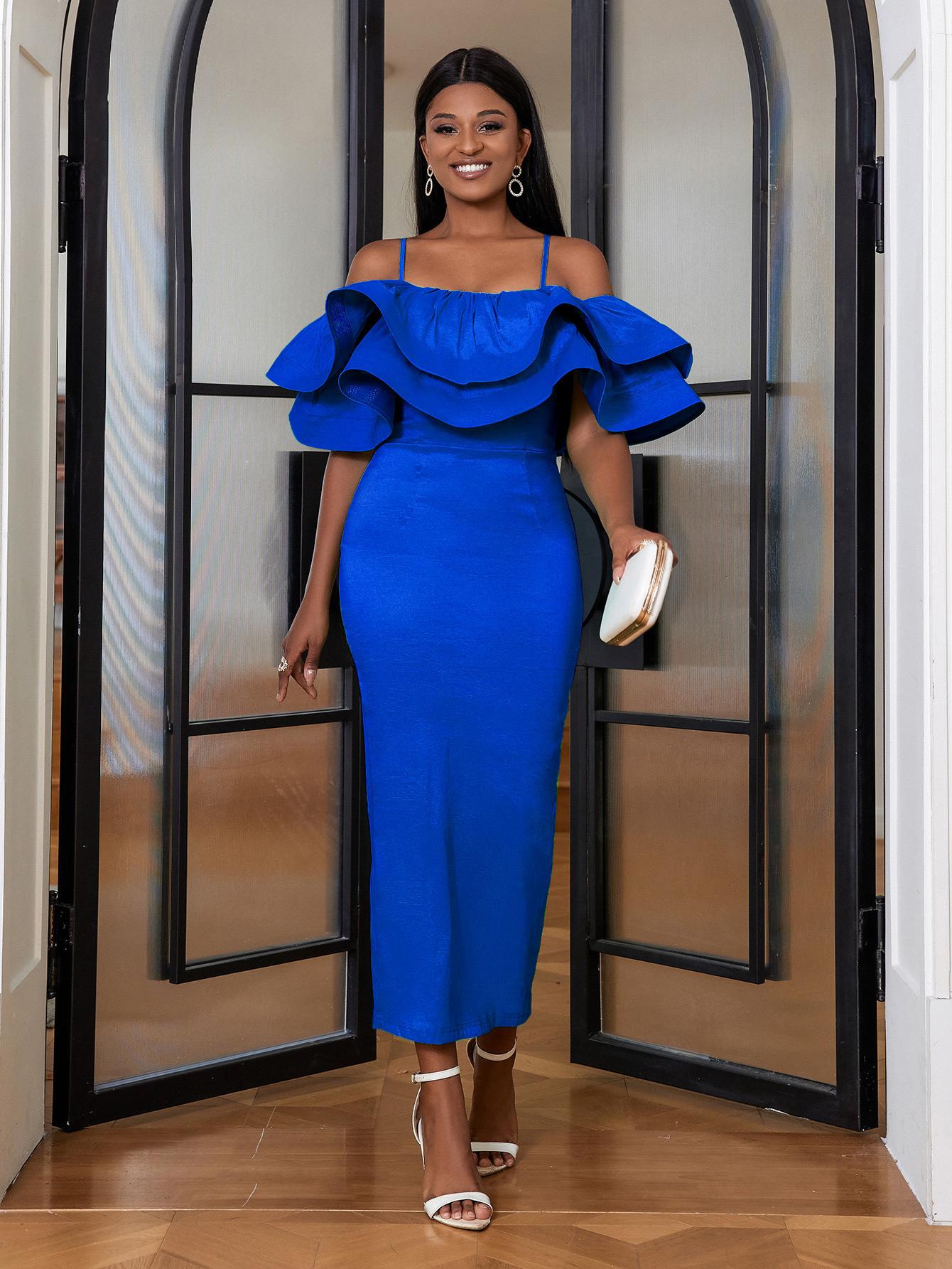 

AOMEI женское праздничное платье с оборками облегающее платье на тонких бретельках на день рождения даже платья с открытыми плечами 4XL синий