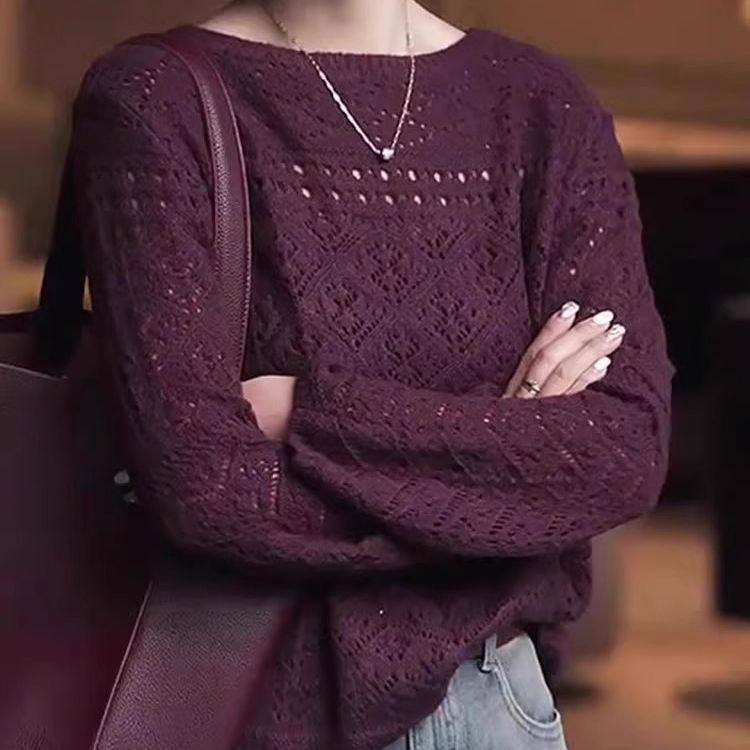 Modny Wysokiej klasy Magentowy Sweter ażurowy dzianinowy top Plus Size Wszechstronny Wiosenny Top