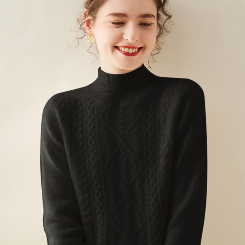 Women's Thick Diamond Pattern Cashmere Sweater - Half-High Neck, Gentle Style, Warm Loose Fit, Short Knitwear for Autumn and Winter