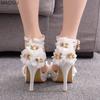 Sapatos de Noiva Brancos Femininos Peep Toe com Tiras no Tornozelo Decorações Florais Salto Alto para Senhoras Sandálias Elegantes da Moda Tamanho 34-42