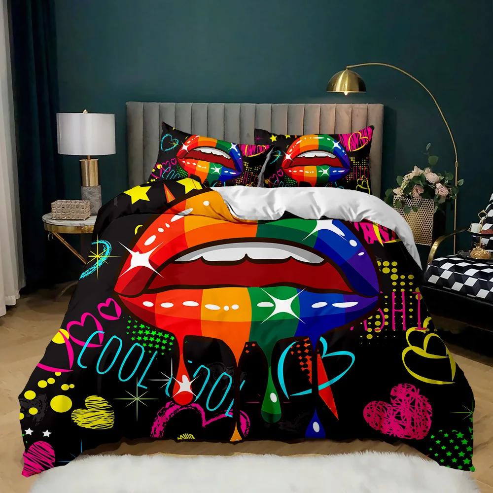 Lip Duvet Cover Set Golden Lip Bedding Set Sexy Adult Couple Twin Polyester Comforter Cover 3D Kiss Marks Double Queen King Size