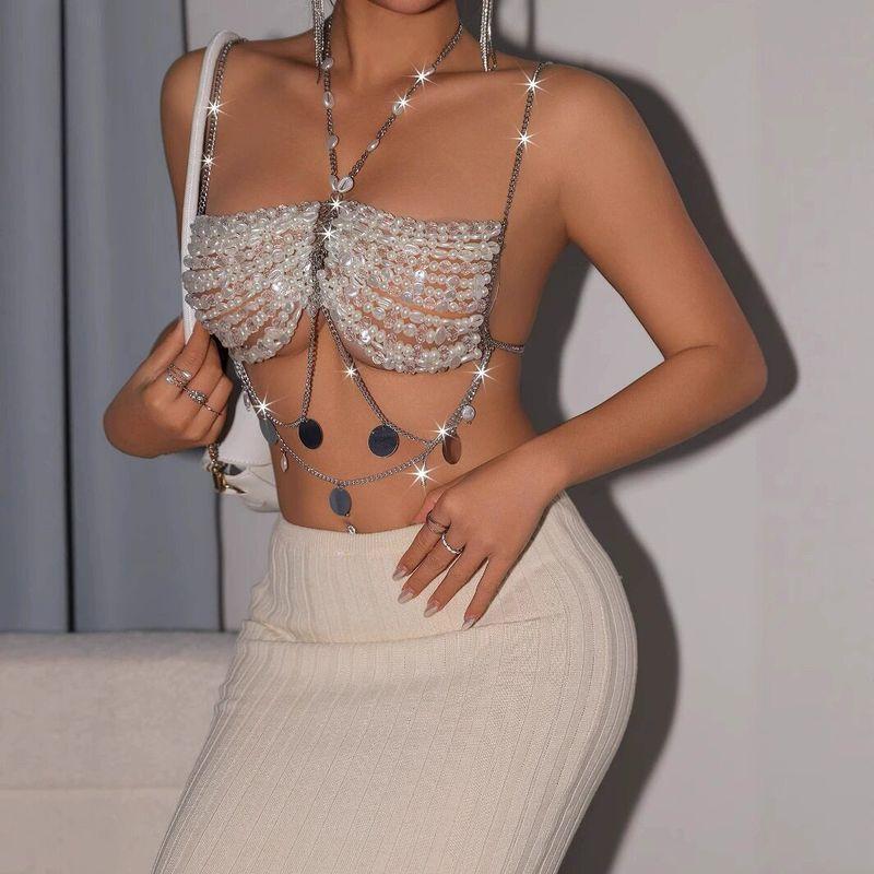 European and American Cross-Border Women's Clothing Nightclub Beach Party Pearl Beaded Chest Chain Tassel Halter Neck Vest Body Chain P25128