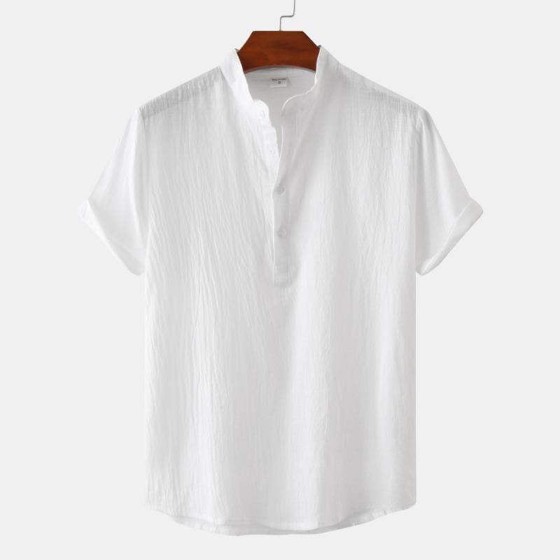Summer Men's Cotton Linen Stand Collar Casual Short Sleeved Shirt Beach T-shirt Shirt Men's Clothing
