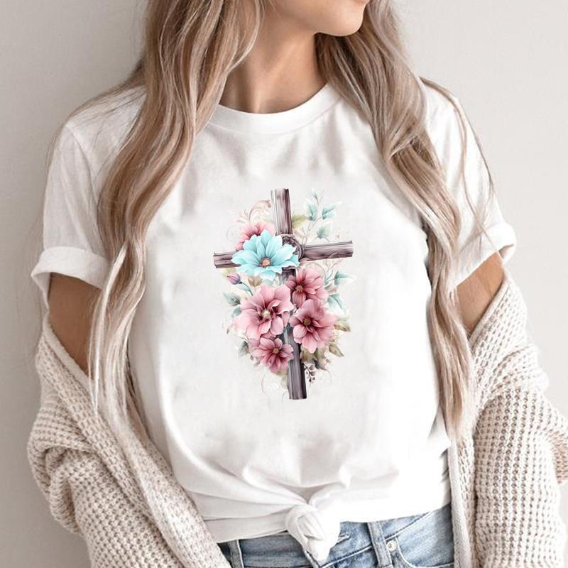 (Asian Size) sweet trend cute 90s style faith Print Short Sleeve T-shirts Casual Women's Top T Clothing O-neck Fashion Female Graphic Tee