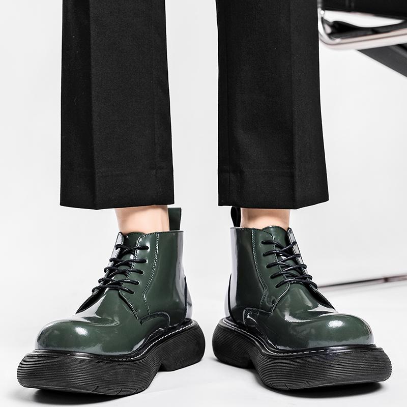 Men's British Style Black Leather Boots - Height Increasing Design, Durable & Stylish for Autumn, Winter & Casual Outfits