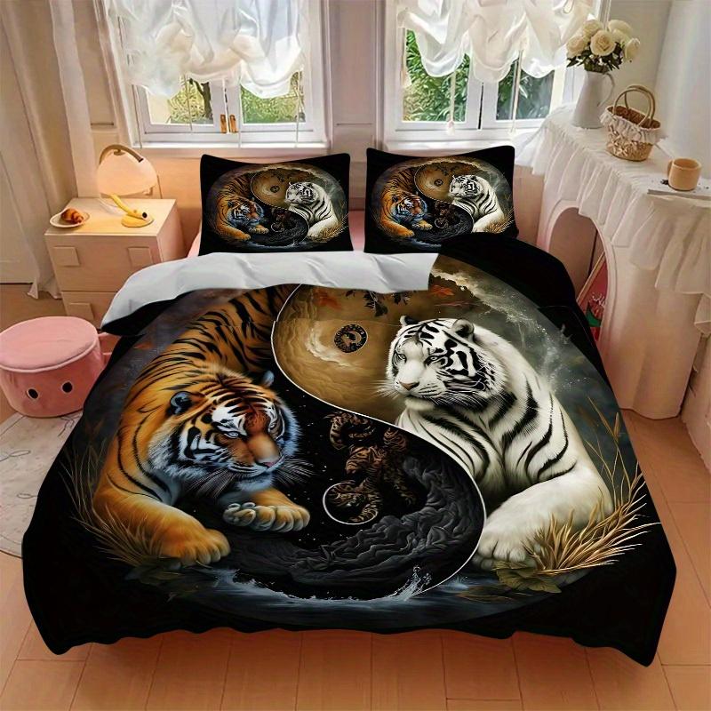 3pcs set Tiger YinYang 1 Quilt Cover + 2 Pillowcases, All Seasons Bedroom Setting, Perfect for Home and Dorm Decor a156