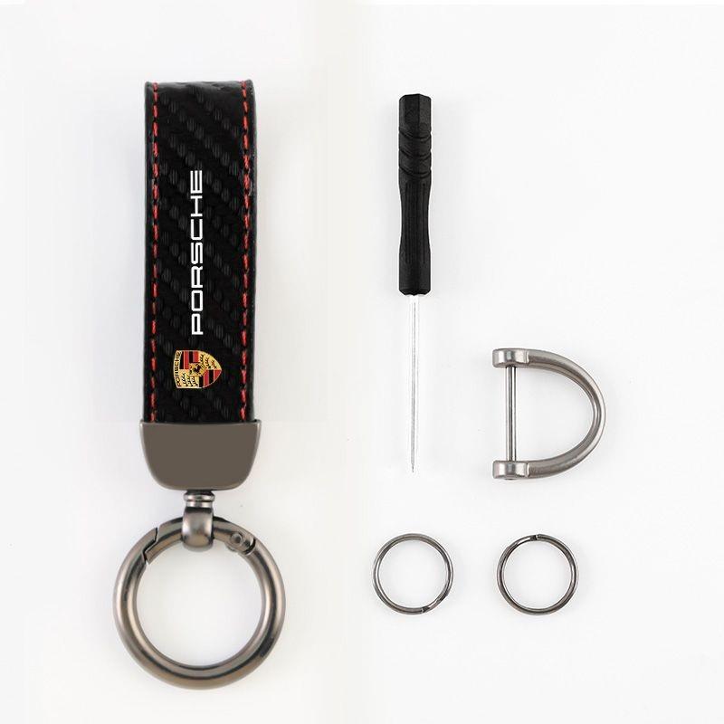 Car Carbon Fiber Keychain Horseshoe Buckle Jewelry For Porsche 911 718 Cayenne Cayman Panamera Macan Taycan Boxster Accessories