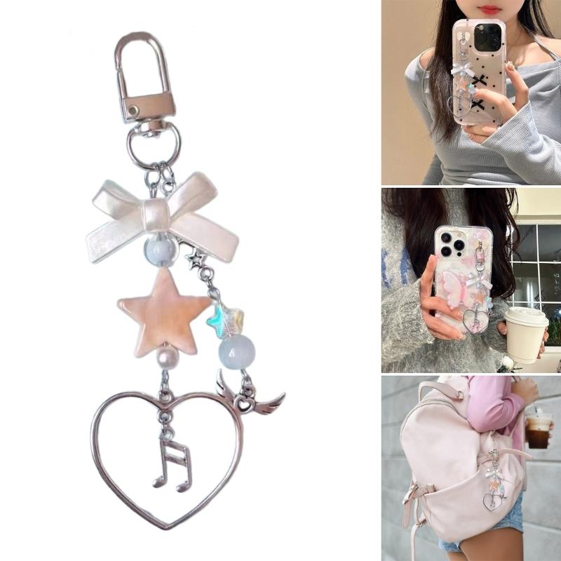 Delicate Beaded Phone Pendant Star Heart Charm Keychain with Bowknot Decoration for Bag Purse Backpack Women Girls Gift