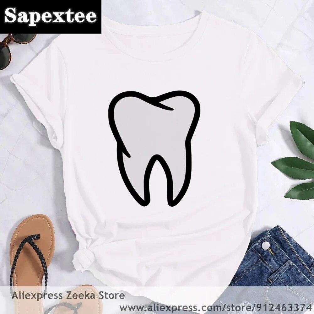 Zahn und Zahnarzt Grafik Ästhetik Frauen Lustige Print Damen T-shirt Mädchen Y2K Harajuku Basis O-kragen Weißes Hemd Kurze