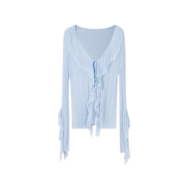 V-Neck Ruffle Lace Knit Cardigan S