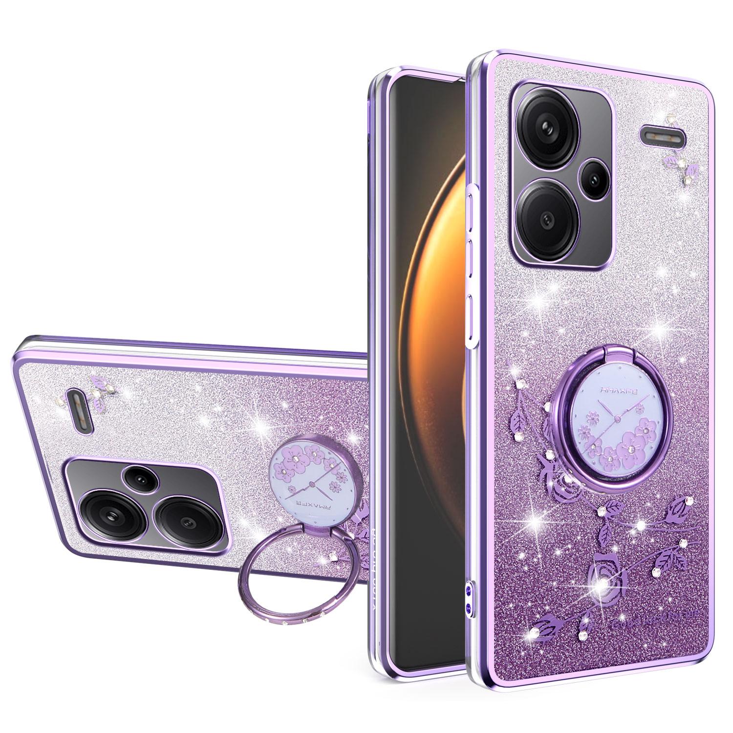 

For Xiaomi Redmi Note 13 Pro+ 5G Case Ring Kickstand TPU Flowers Phone Cover Gradient Glitter Purple