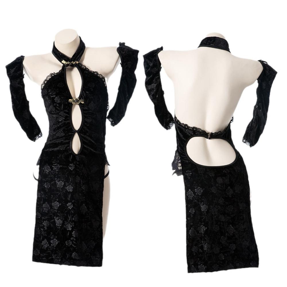 Antique High Split Cheongsam Sex Underwear Temptation Retro Deep V Exposed Chest Republic of China Style Velvet Pajamas Set Wholesale