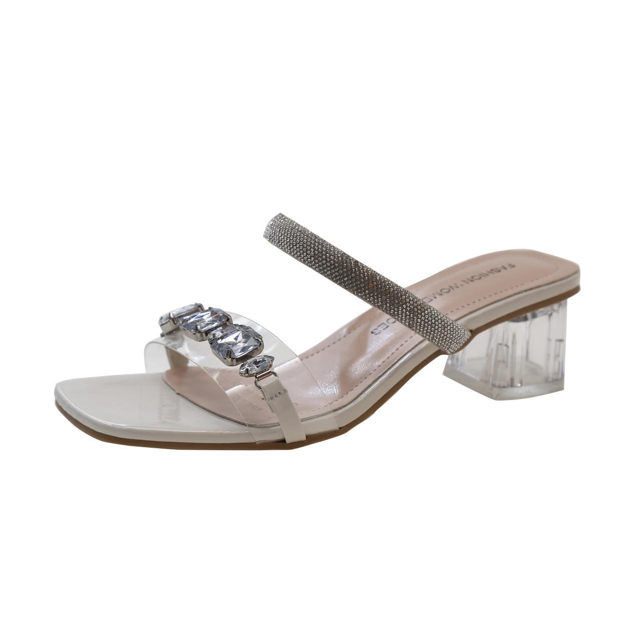 

2025 новые туфли на высоком каблуке с прозрачными стразами, крутые шлепанцы для женской головы, сексуальные универсальные туфли на высоком каблуке большого размера для женщин 42 бежевый