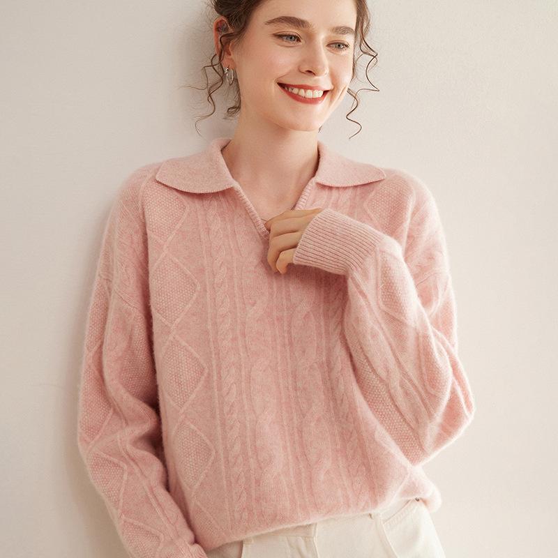 Women's Long Sleeve Three-Strand Twisted Cashmere Polo Sweater - Soft, Loose, Fashionable, and Skin-Friendly