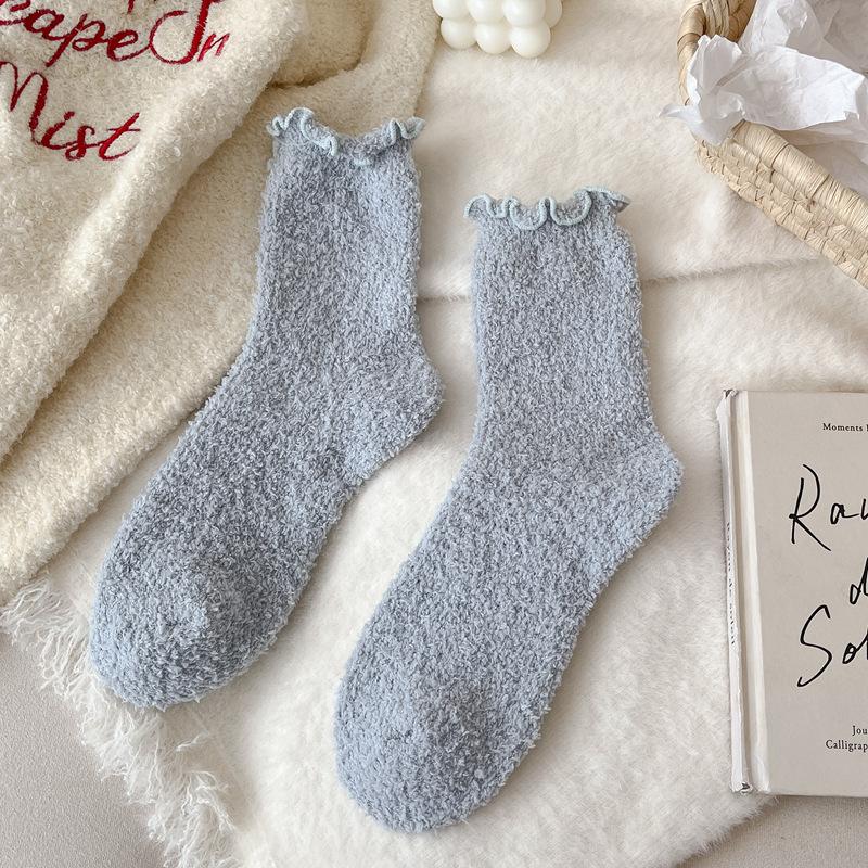 Fungus Edge Coral Fleece Socks Women'S Winter Warm Feet Thickened Warm Medium Tube Home Floor Socks Lace Solid Color Women'S Socks