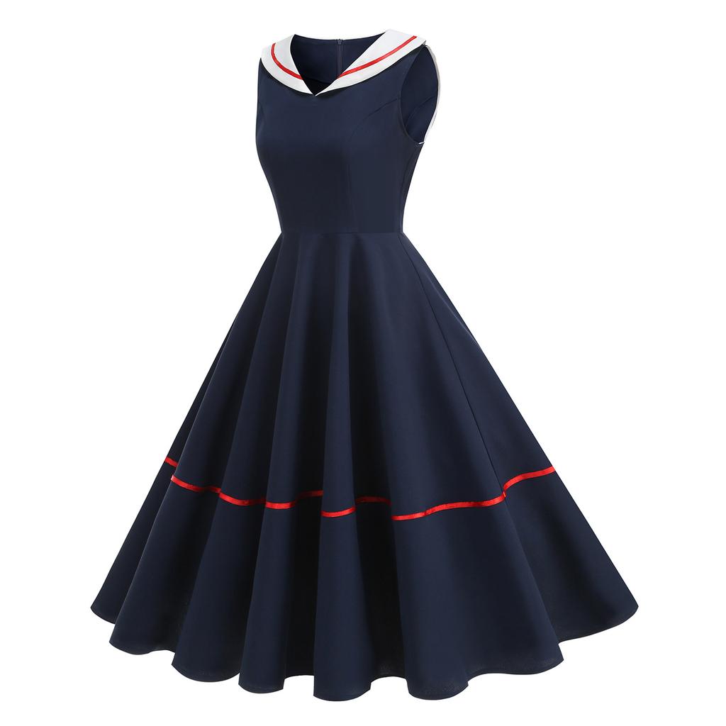 Retro Nautical-style Woven-strap Dress In a Hepburn-inspired Design, Featuring a Full Skirt and Mid-length Cut for a Sophisticated and Elegant Look